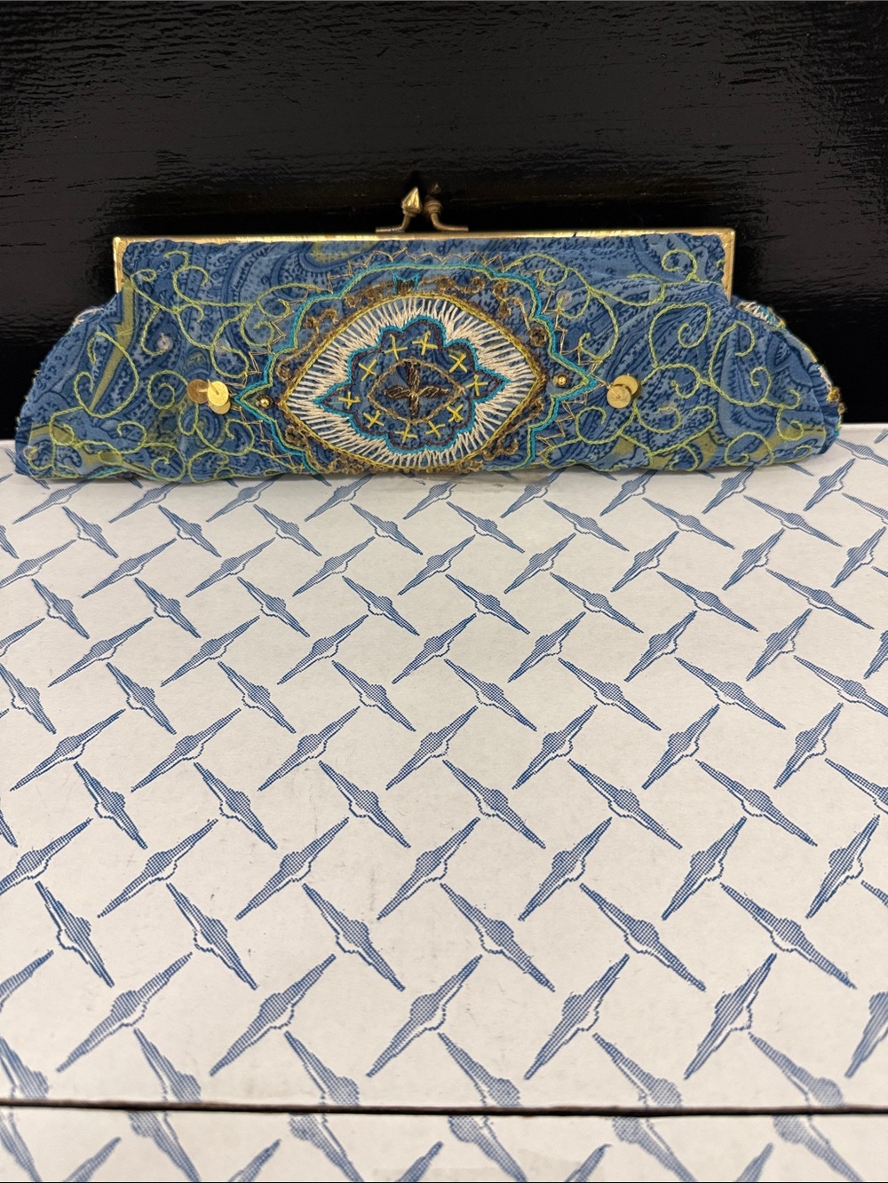 Hand-Embroidered Blue Evening Clutch with Gold Frame